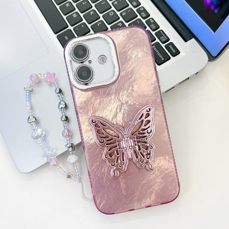 Plating Glitter Lens Film Texture Butterfly Holder Wristband Phone Case, For iPhone 16