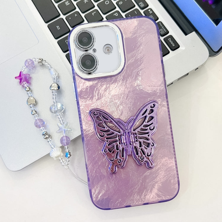Plating Glitter Lens Film Texture Butterfly Holder Wristband Phone Case, For iPhone 16