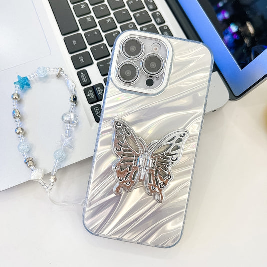 Plating Glitter Lens Film Texture Butterfly Holder Wristband Phone Case, For iPhone 15 Pro Max