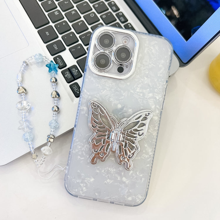 Plating Glitter Lens Film Texture Butterfly Holder Wristband Phone Case, For iPhone 15 Pro Max