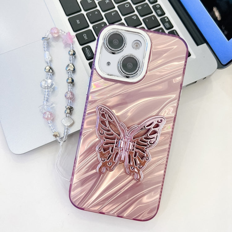 Plating Glitter Lens Film Texture Butterfly Holder Wristband Phone Case, For iPhone 15