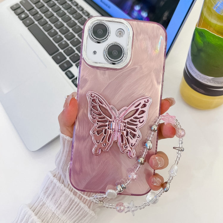 Plating Glitter Lens Film Texture Butterfly Holder Wristband Phone Case, For iPhone 15