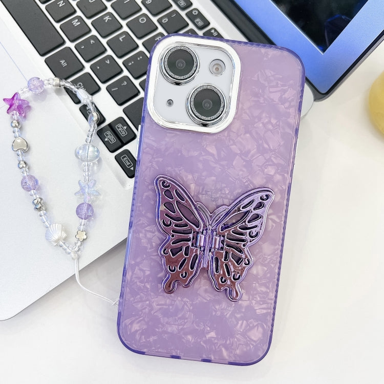 Plating Glitter Lens Film Texture Butterfly Holder Wristband Phone Case, For iPhone 14