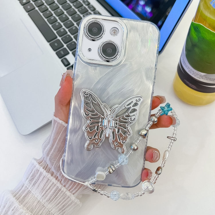 Plating Glitter Lens Film Texture Butterfly Holder Wristband Phone Case, For iPhone 14