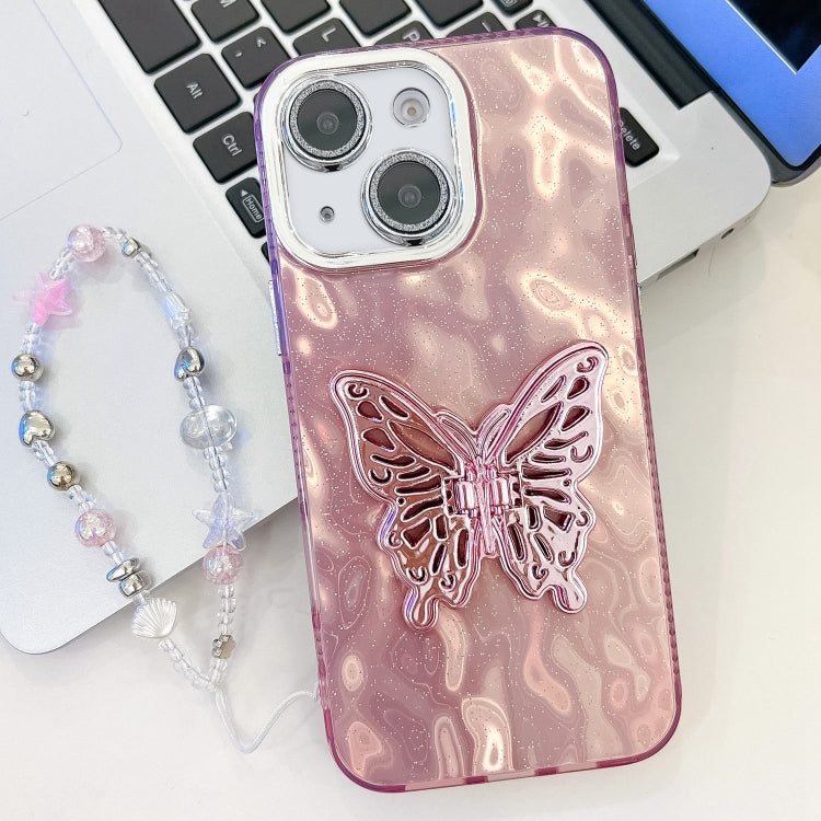 Plating Glitter Lens Film Texture Butterfly Holder Wristband Phone Case, For iPhone 14