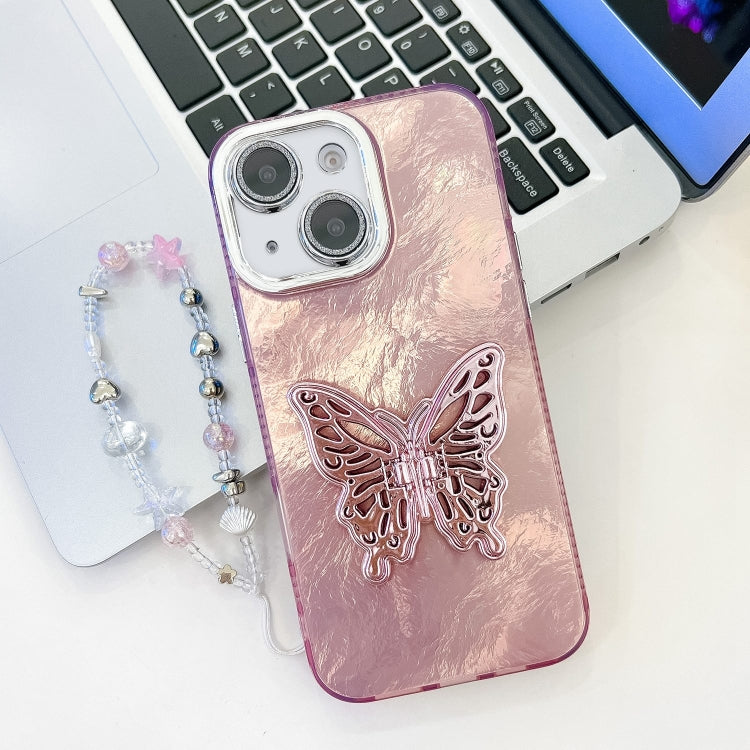 Plating Glitter Lens Film Texture Butterfly Holder Wristband Phone Case, For iPhone 14