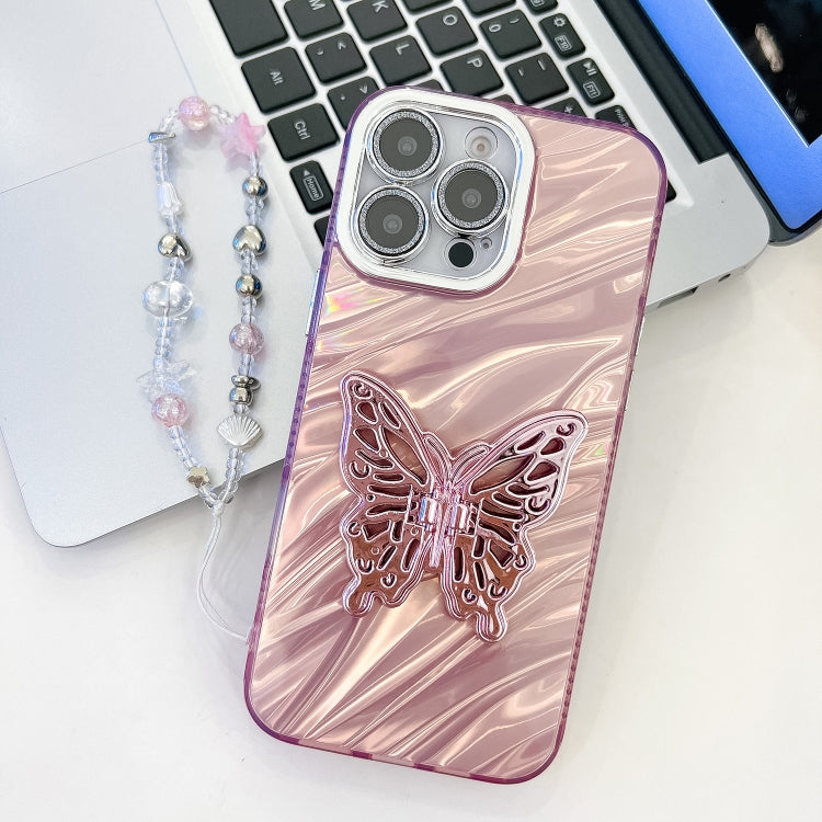 Plating Glitter Lens Film Texture Butterfly Holder Wristband Phone Case, For iPhone 13 Pro
