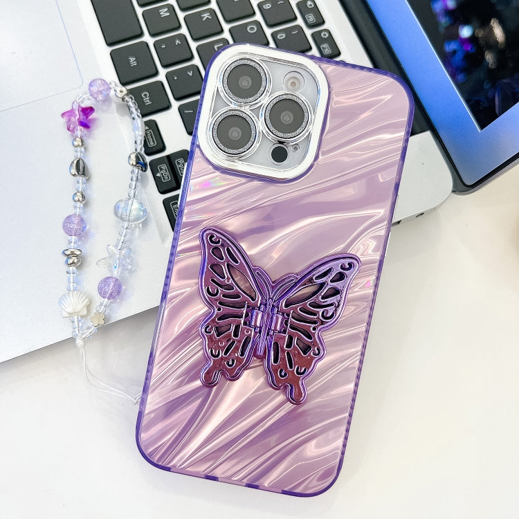Plating Glitter Lens Film Texture Butterfly Holder Wristband Phone Case, For iPhone 13 Pro