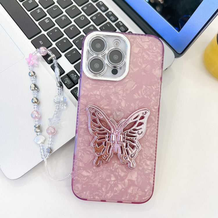 Plating Glitter Lens Film Texture Butterfly Holder Wristband Phone Case, For iPhone 13 Pro