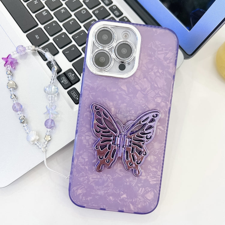 Plating Glitter Lens Film Texture Butterfly Holder Wristband Phone Case, For iPhone 13 Pro