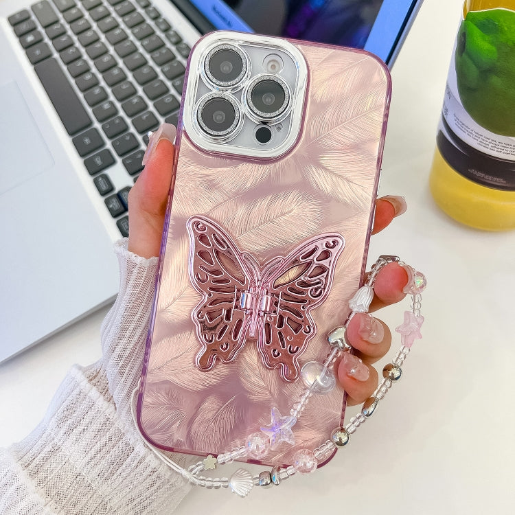 Plating Glitter Lens Film Texture Butterfly Holder Wristband Phone Case, For iPhone 13 Pro