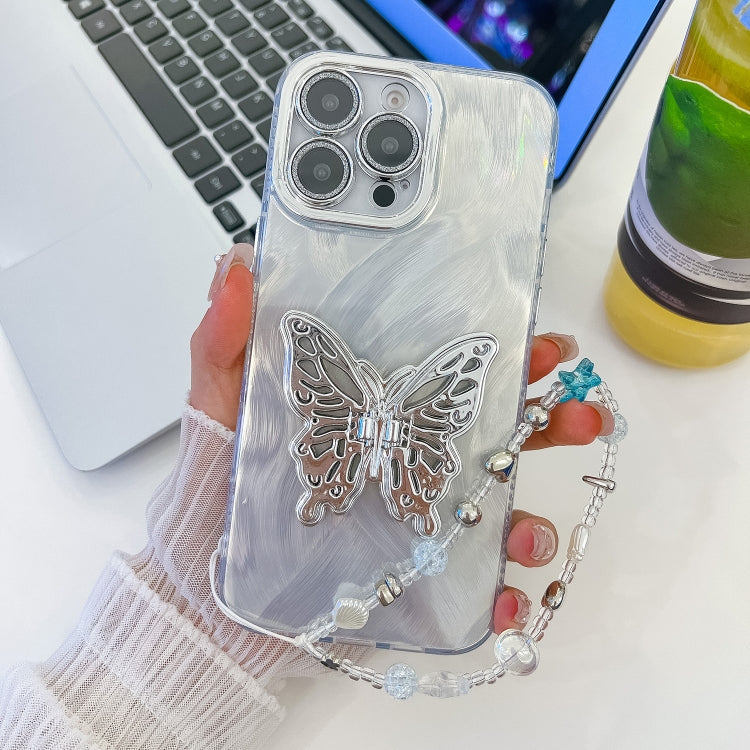 Plating Glitter Lens Film Texture Butterfly Holder Wristband Phone Case, For iPhone 13 Pro