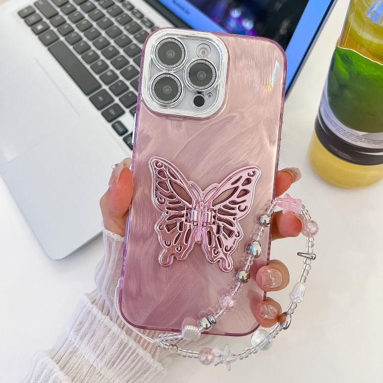 Plating Glitter Lens Film Texture Butterfly Holder Wristband Phone Case, For iPhone 13 Pro