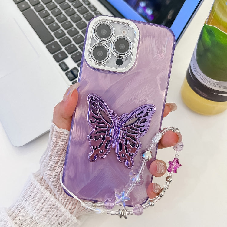 Plating Glitter Lens Film Texture Butterfly Holder Wristband Phone Case, For iPhone 13 Pro