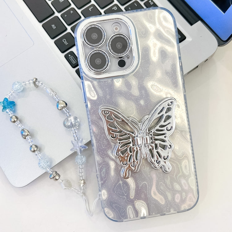 Plating Glitter Lens Film Texture Butterfly Holder Wristband Phone Case, For iPhone 13 Pro
