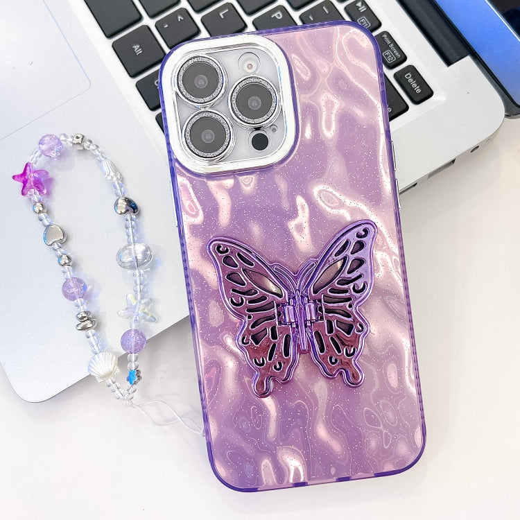 Plating Glitter Lens Film Texture Butterfly Holder Wristband Phone Case, For iPhone 13 Pro