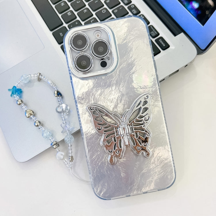 Plating Glitter Lens Film Texture Butterfly Holder Wristband Phone Case, For iPhone 13 Pro