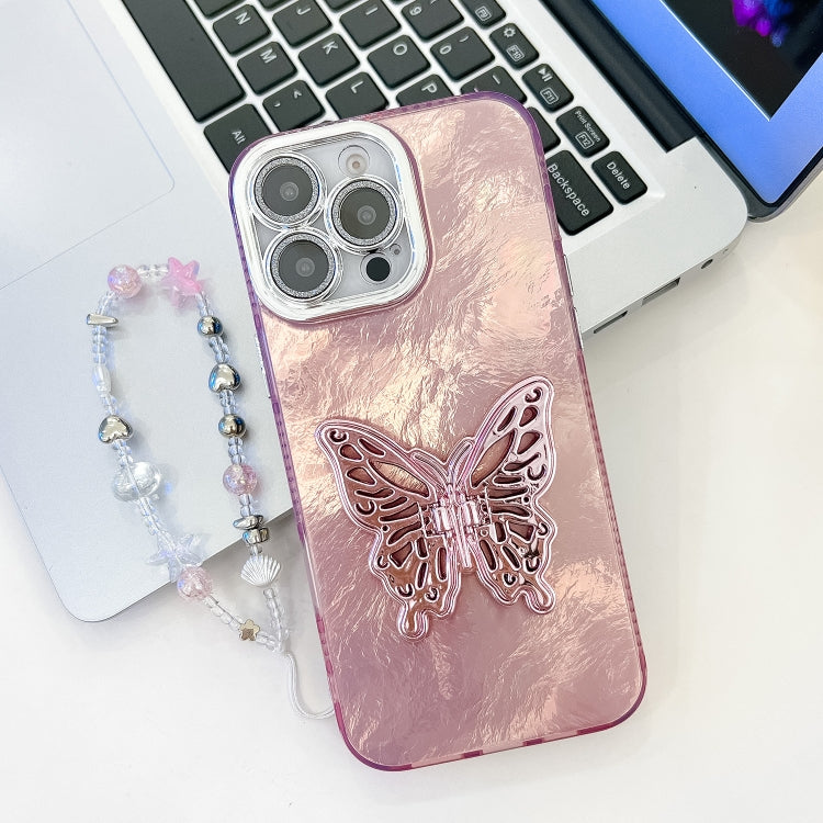 Plating Glitter Lens Film Texture Butterfly Holder Wristband Phone Case, For iPhone 13 Pro
