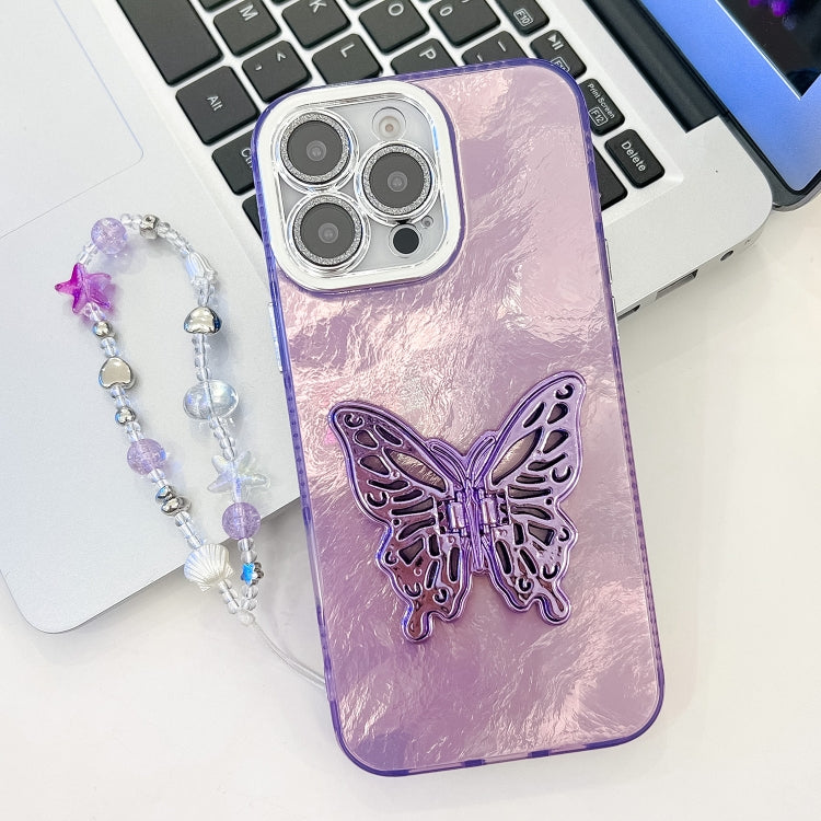 Plating Glitter Lens Film Texture Butterfly Holder Wristband Phone Case, For iPhone 13 Pro