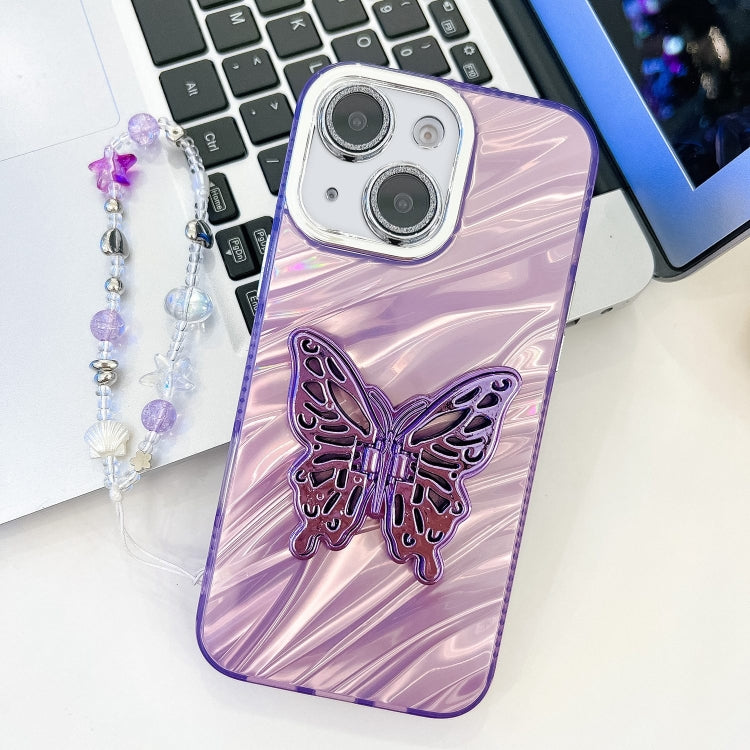 Plating Glitter Lens Film Texture Butterfly Holder Wristband Phone Case, For iPhone 13