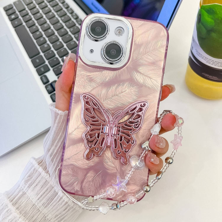 Plating Glitter Lens Film Texture Butterfly Holder Wristband Phone Case, For iPhone 13