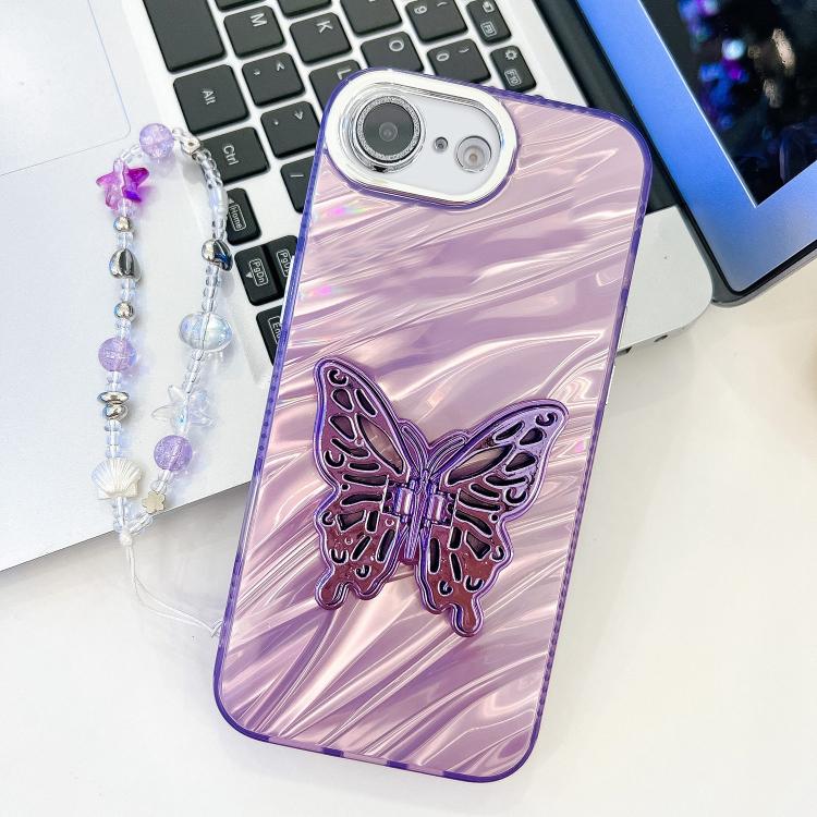 Plating Glitter Lens Film Texture Butterfly Holder Wristband Phone Case, For iPhone 16e