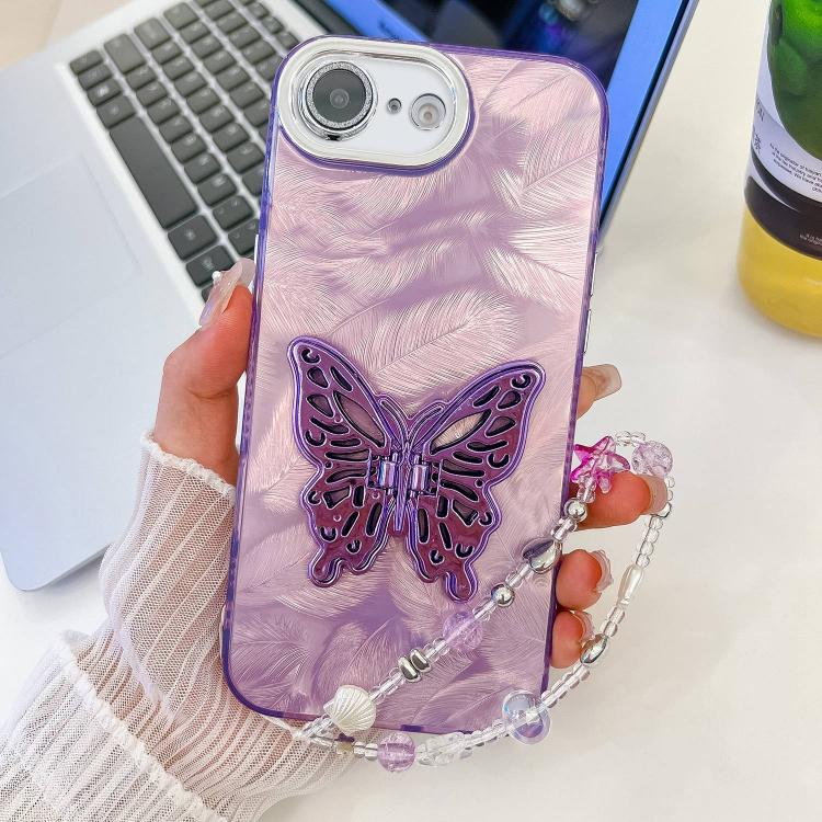 Plating Glitter Lens Film Texture Butterfly Holder Wristband Phone Case, For iPhone 16e