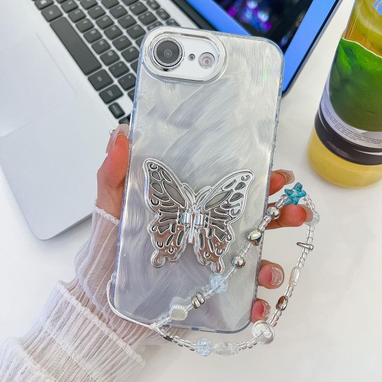 Plating Glitter Lens Film Texture Butterfly Holder Wristband Phone Case, For iPhone 16e