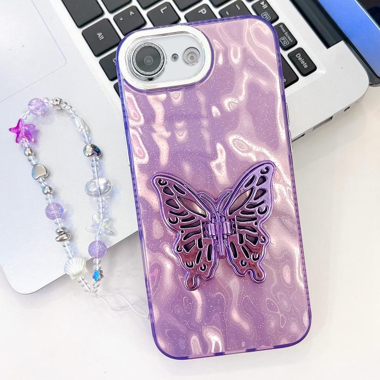 Plating Glitter Lens Film Texture Butterfly Holder Wristband Phone Case, For iPhone 16e