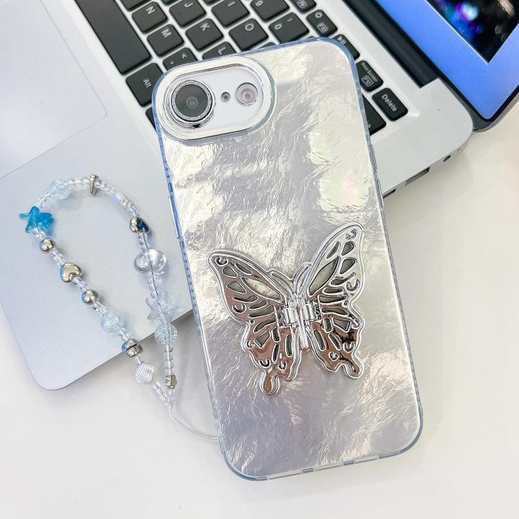 Plating Glitter Lens Film Texture Butterfly Holder Wristband Phone Case, For iPhone 16e