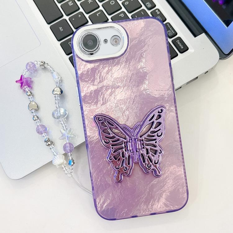 Plating Glitter Lens Film Texture Butterfly Holder Wristband Phone Case, For iPhone 16e