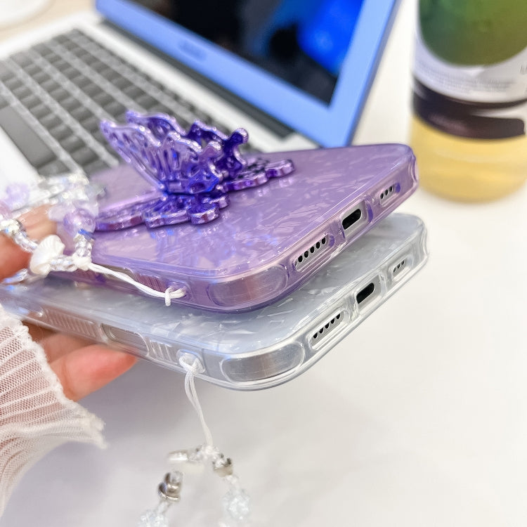 Plating Glitter Lens Film Texture Butterfly Holder Wristband Phone Case, For iPhone 15 Pro Max