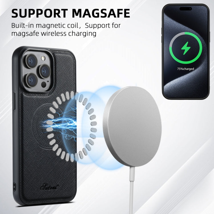 Suteni H17 Cross Grain Leather MagSafe Detachable Wallet Phone Case, For iPhone 15 Pro Max, For iPhone 15 Pro, For iPhone 15 Plus, For iPhone 15, For iPhone 14 Plus, For iPhone 14, For iPhone 14 Pro, For iPhone 14 Pro Max