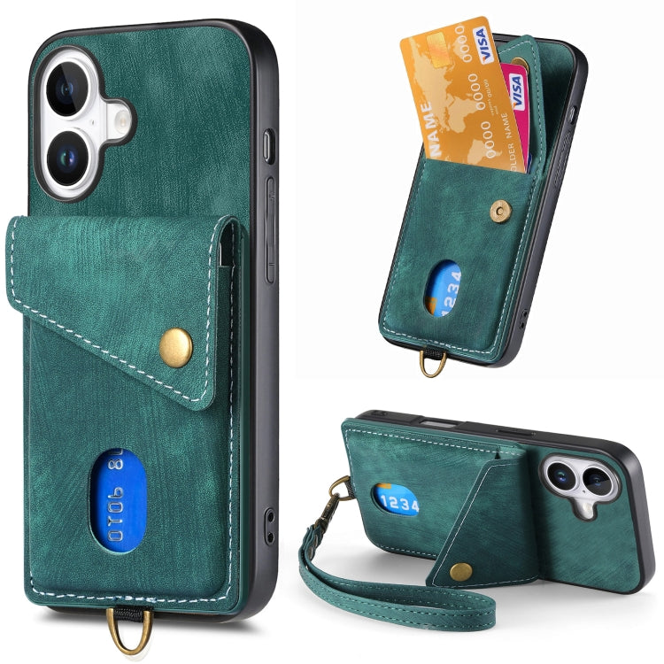 Retro Card Wallet Fold Leather Phone Case with Strap, For iPhone 16 Pro Max, For iPhone 16 Pro, For iPhone 16 Plus, For iPhone 16