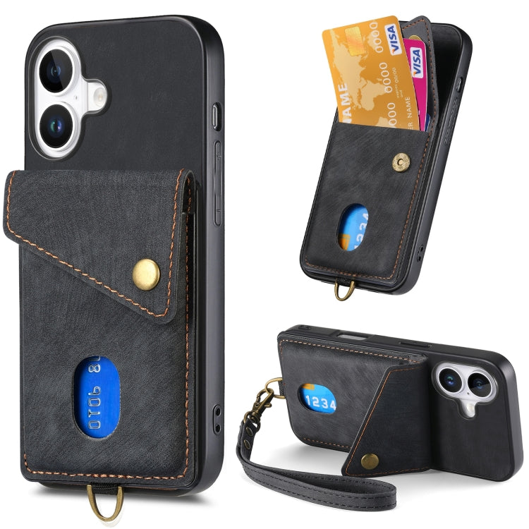 Retro Card Wallet Fold Leather Phone Case with Strap, For iPhone 16 Pro Max, For iPhone 16 Pro, For iPhone 16 Plus, For iPhone 16