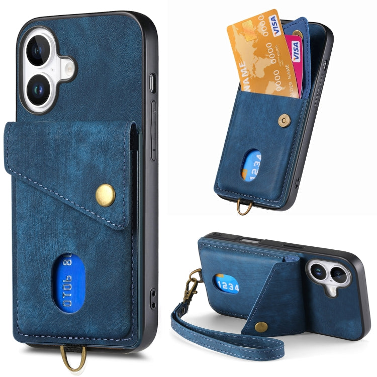 Retro Card Wallet Fold Leather Phone Case with Strap, For iPhone 16 Pro Max, For iPhone 16 Pro, For iPhone 16 Plus, For iPhone 16