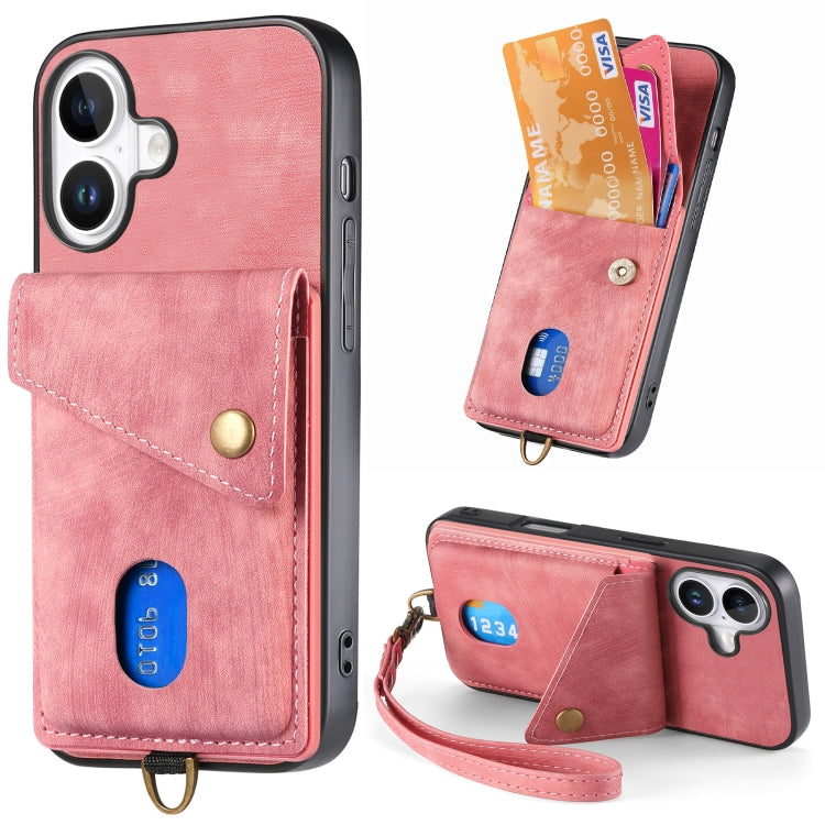 Retro Card Wallet Fold Leather Phone Case with Strap, For iPhone 16 Pro Max, For iPhone 16 Pro, For iPhone 16 Plus, For iPhone 16