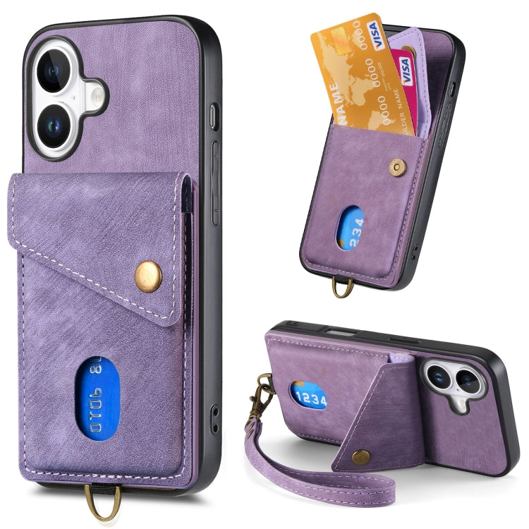 Retro Card Wallet Fold Leather Phone Case with Strap, For iPhone 16 Pro Max, For iPhone 16 Pro, For iPhone 16 Plus, For iPhone 16
