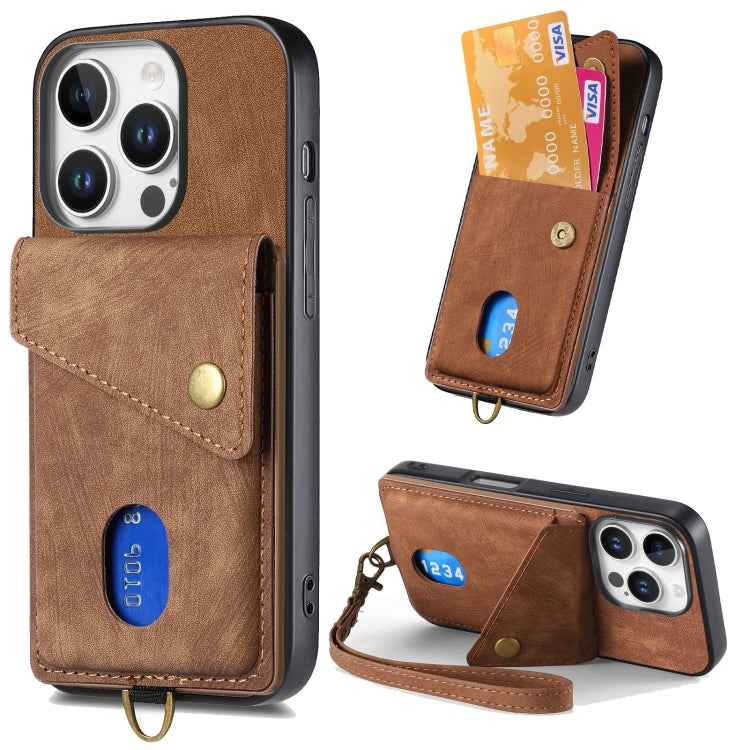 Retro Card Wallet Fold Leather Phone Case with Strap, For iPhone 16 Pro Max, For iPhone 16 Pro, For iPhone 16 Plus, For iPhone 16