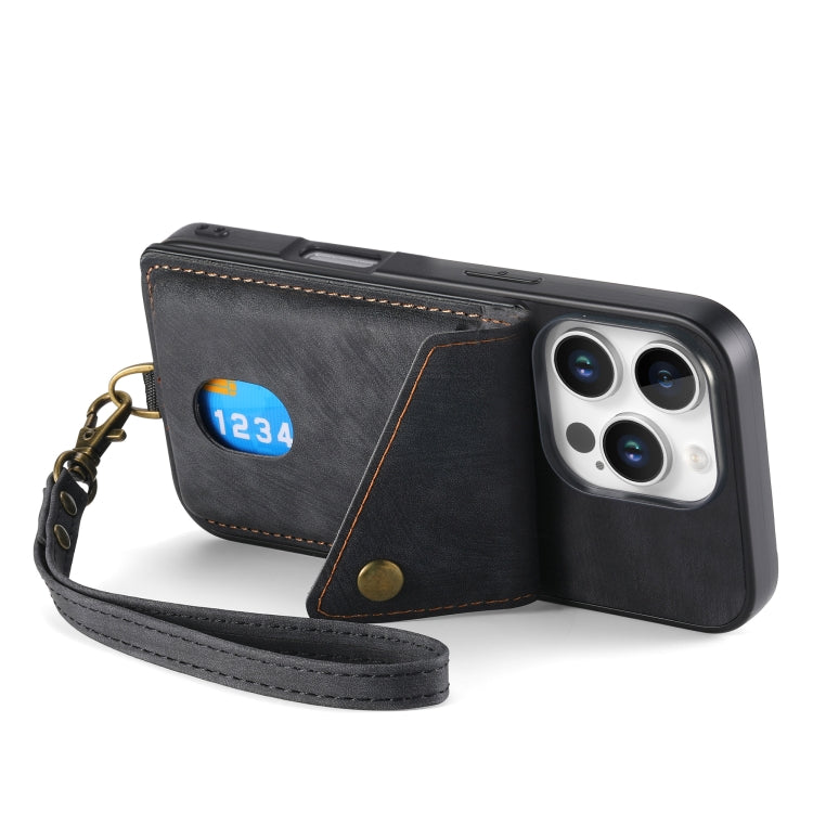 Retro Card Wallet Fold Leather Phone Case with Strap, For iPhone 16 Pro Max, For iPhone 16 Pro, For iPhone 16 Plus, For iPhone 16