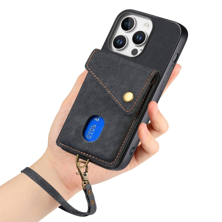 Retro Card Wallet Fold Leather Phone Case with Strap, For iPhone 16 Pro Max, For iPhone 16 Pro, For iPhone 16 Plus, For iPhone 16