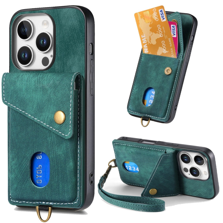Retro Card Wallet Fold Leather Phone Case with Strap, For iPhone 16 Pro Max, For iPhone 16 Pro, For iPhone 16 Plus, For iPhone 16
