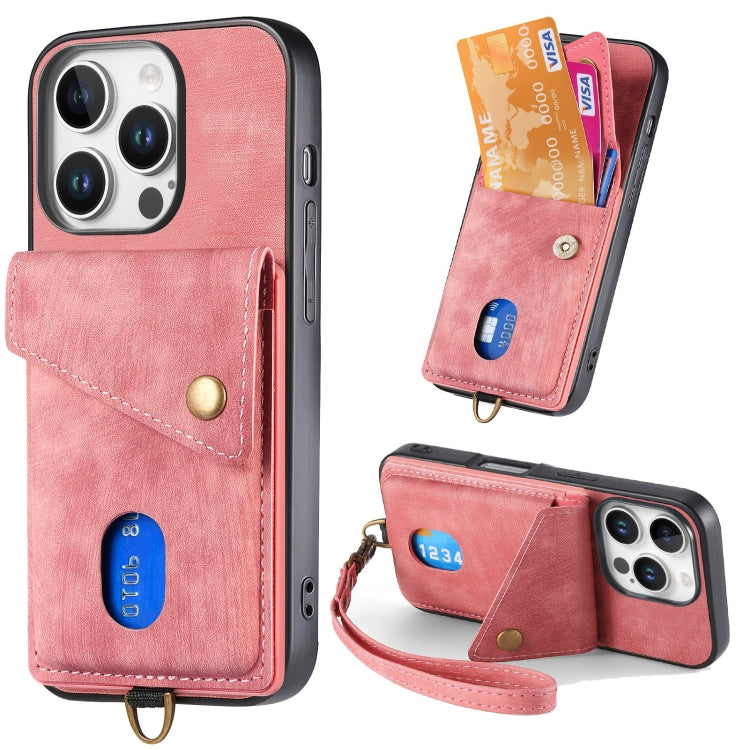 Retro Card Wallet Fold Leather Phone Case with Strap, For iPhone 16 Pro Max, For iPhone 16 Pro, For iPhone 16 Plus, For iPhone 16