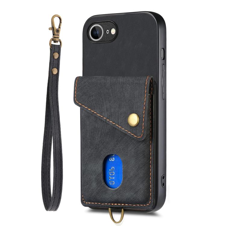 Retro Card Wallet Fold Leather Phone Case with Strap, iPhone 16e