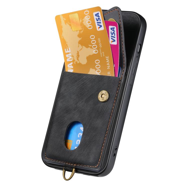 Retro Card Wallet Fold Leather Phone Case with Strap, iPhone 16e