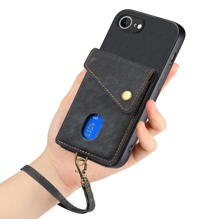 Retro Card Wallet Fold Leather Phone Case with Strap, iPhone 16e