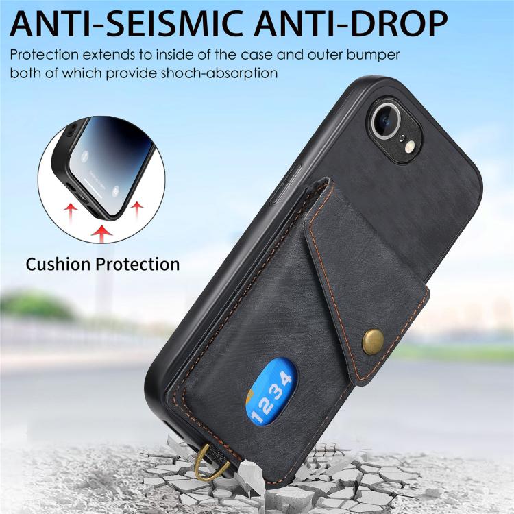Retro Card Wallet Fold Leather Phone Case with Strap, iPhone 16e