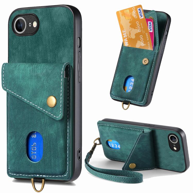 Retro Card Wallet Fold Leather Phone Case with Strap, iPhone 16e