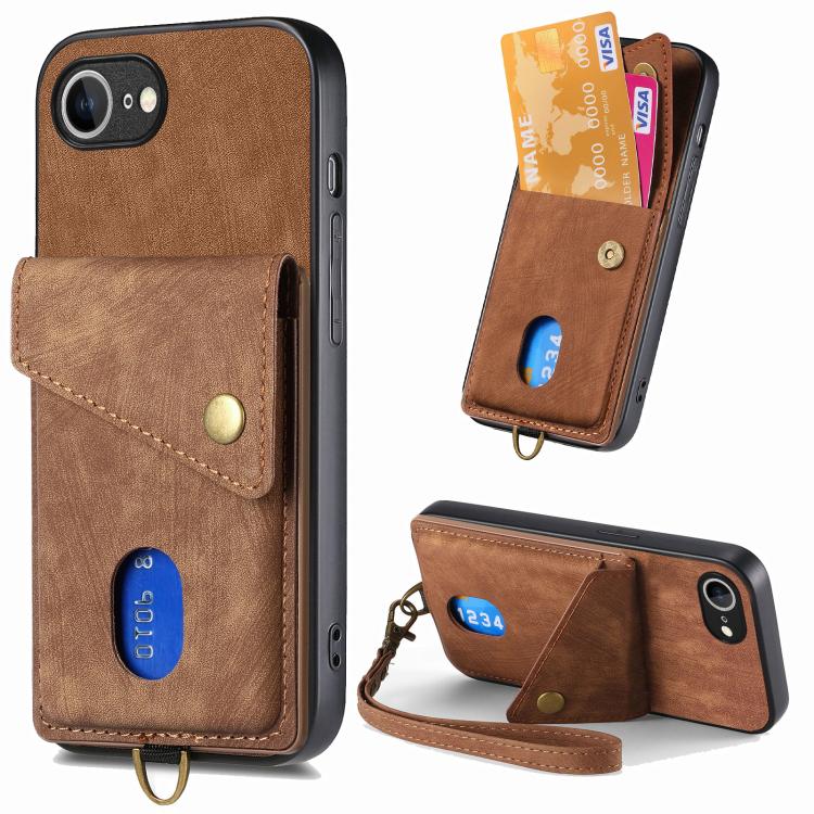 Retro Card Wallet Fold Leather Phone Case with Strap, iPhone 16e