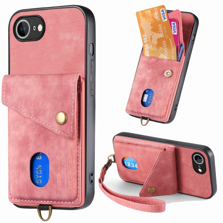 Retro Card Wallet Fold Leather Phone Case with Strap, iPhone 16e